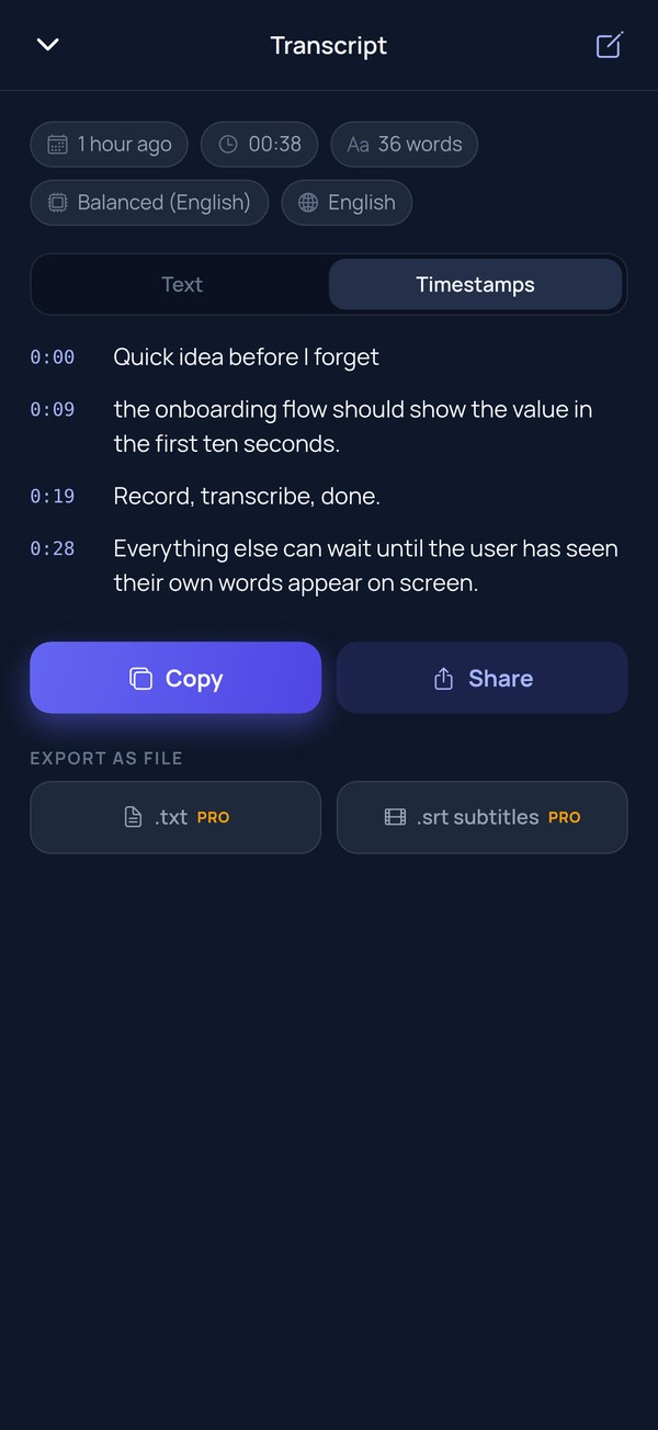 A transcript opened from History with the Timestamps view selected: each line prefixed with its time, plus Copy, Share and export buttons