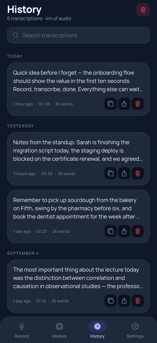 The History tab: six transcriptions grouped by Today and Yesterday, each with model, duration, and copy, share and delete buttons