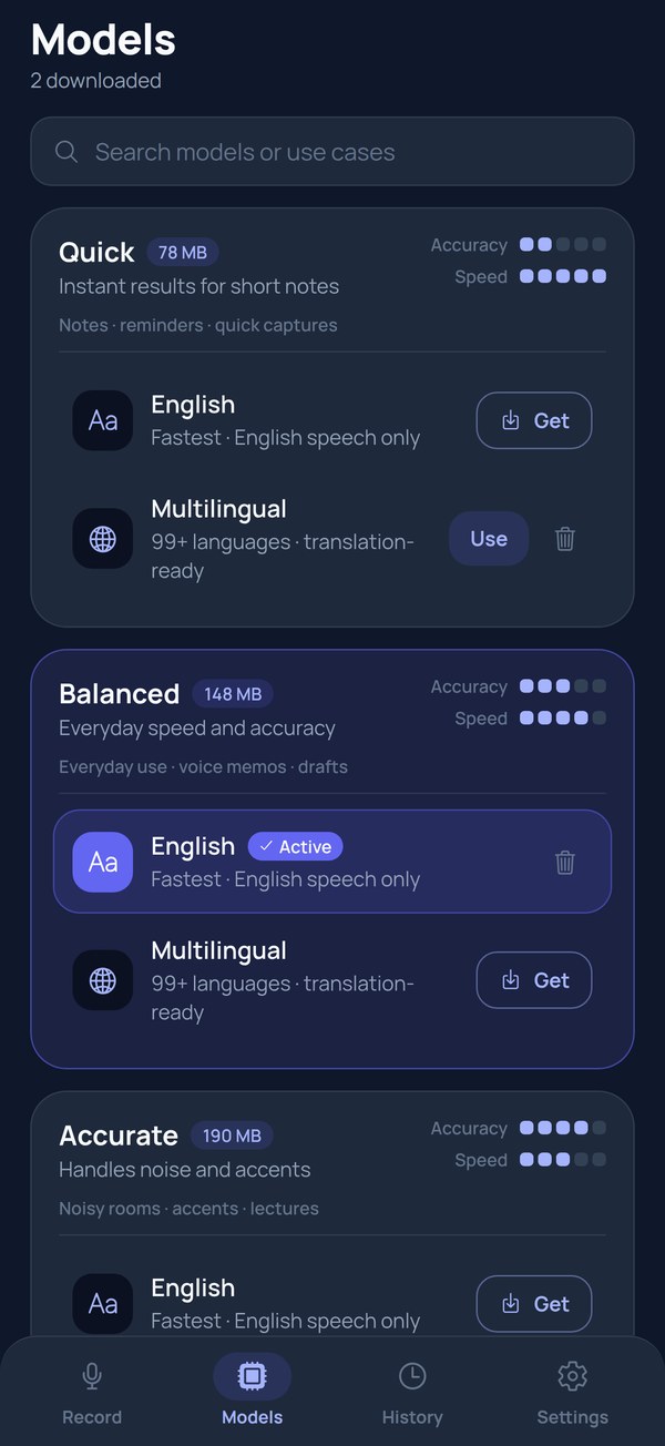 The Models tab: four tiers — Quick, Balanced, Accurate, Professional — each with an English and a Multilingual model, accuracy and speed meters, and sizes from 78 MB