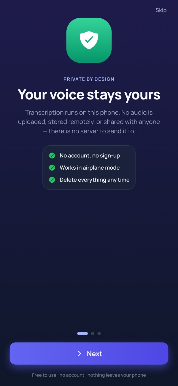 Onboarding: a green shield and the words 'Your voice stays yours — all transcription happens on your device'