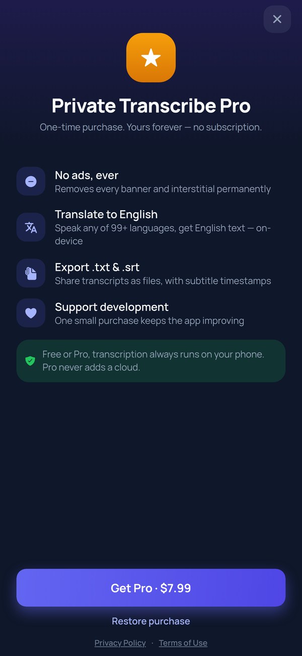 The Private Transcribe Pro screen: one-time purchase, no ads ever, translate to English, export .txt and .srt, and a Get Pro button