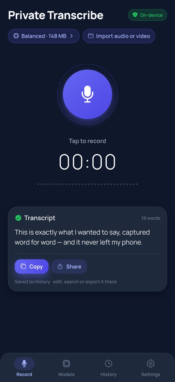 The Record tab: Balanced (English) model selected, a big mic button, and a finished transcription card reading 'This is exactly what I wanted to say, captured word for word — and it never left my phone', with Copy and Share underneath