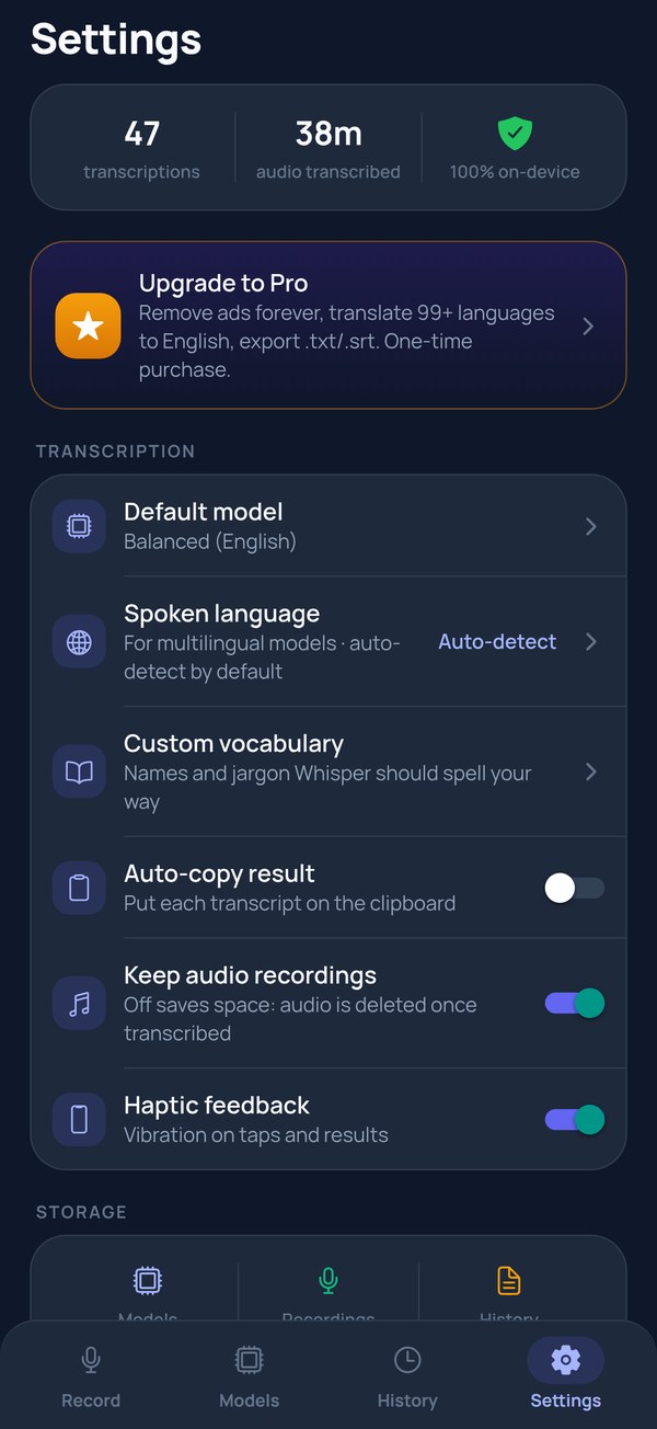 The Settings tab: 47 transcriptions, 38 minutes transcribed, 100% on-device; default model, spoken language, auto-copy, keep-recordings and haptics controls; storage with Clear Recordings and Clear History